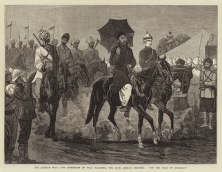 Der Afghanische Krieg, die Unterwerfung von Wali Mahomed, dem Bruder des verstorbenen Emirs, auf dem Weg nach Jumrood